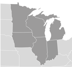 Black and white photo of a map of the Midwest states. Darker gray states are Illinois, Indiana, Iowa, Michigan, Minnesota, and Wisconsin